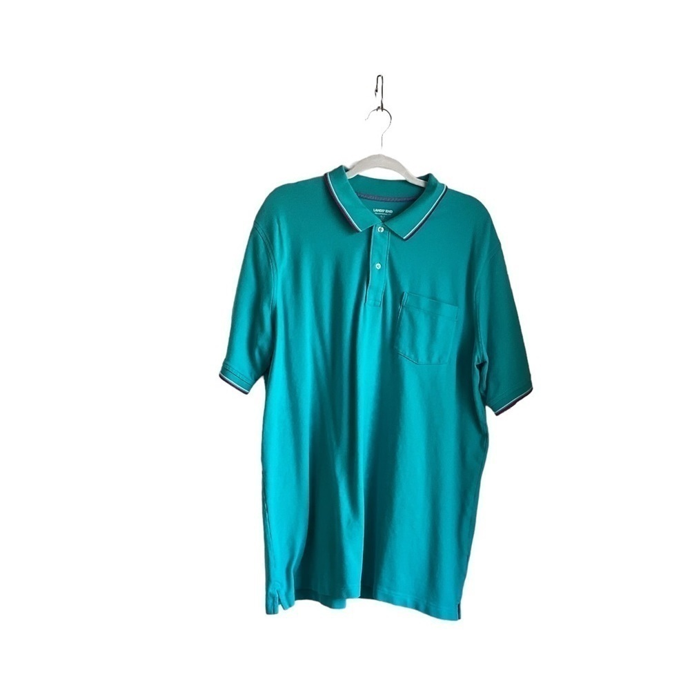 Lands End Traditional Fit Men’s Aqua With Magenta Trim Polo.  Size XLT